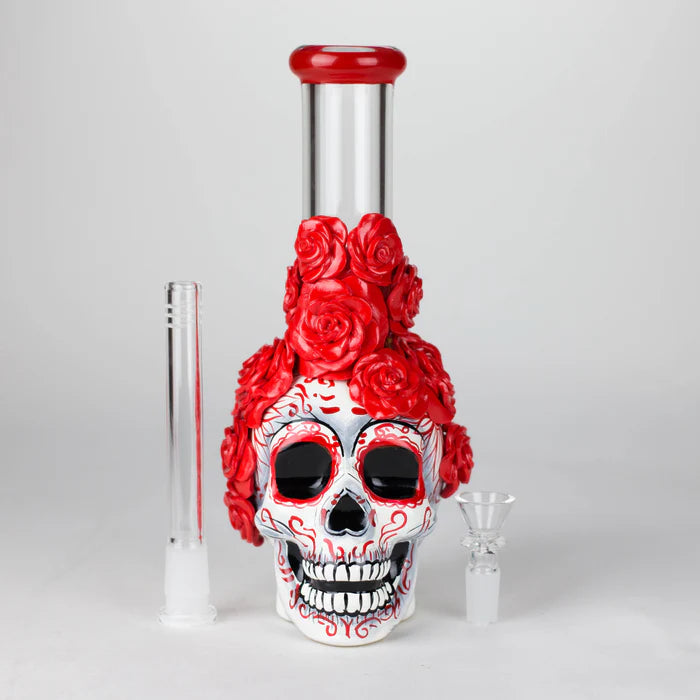 9" Rose Sugar Skull Themed Glass Bong