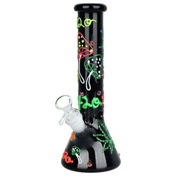 9.5" 420 Leaf and Shroom Glow In Dark Glass Beaker Water Pipe