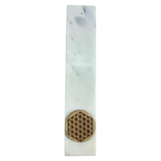 ZenN - White Marble w/ Flower Of Life Acacia Wood Disc Ash Catcher
