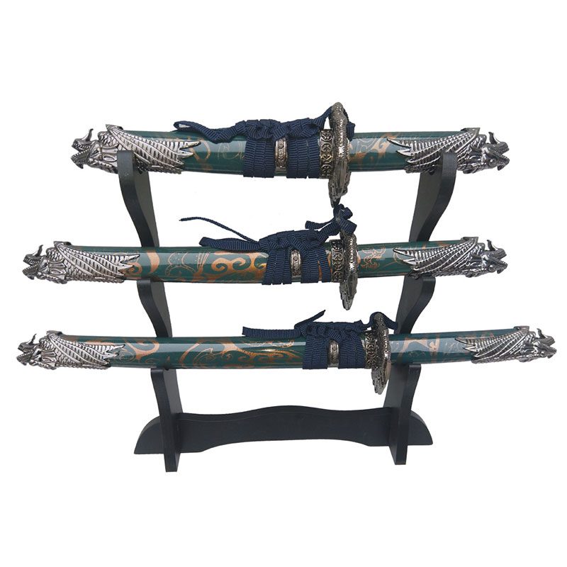 Defender - Blue Dragon Handle Mini Katana 3-Pc Set w/ Wood Stand ...