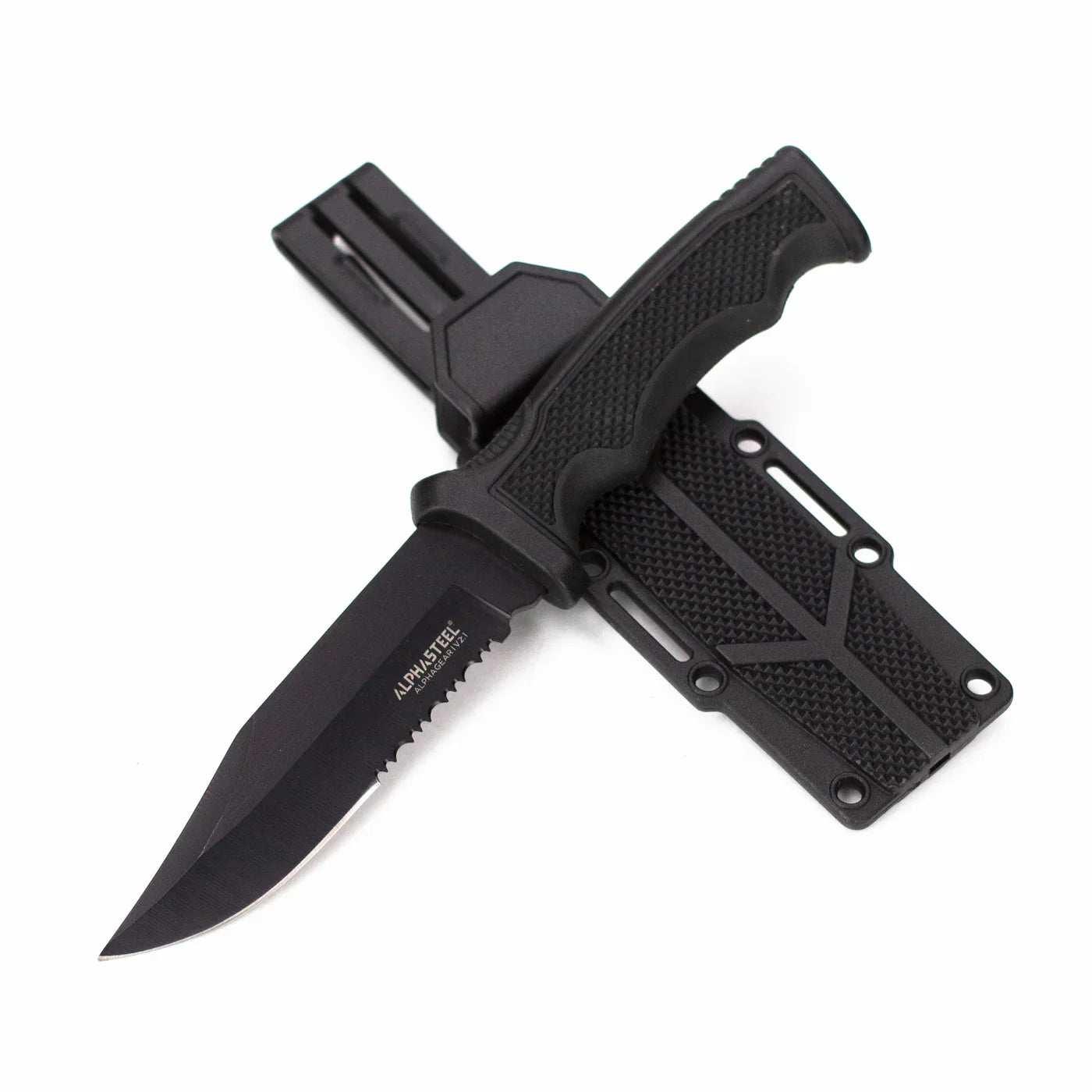 ALPHASTEEL - 9" Fixed Blade Serrated Knife w/ ABS Sheath