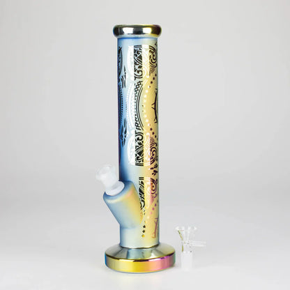 11" Straight Tube Electroplated Metaliic Finish w/ Intricate Patterns Glass Bong - Pattern 1