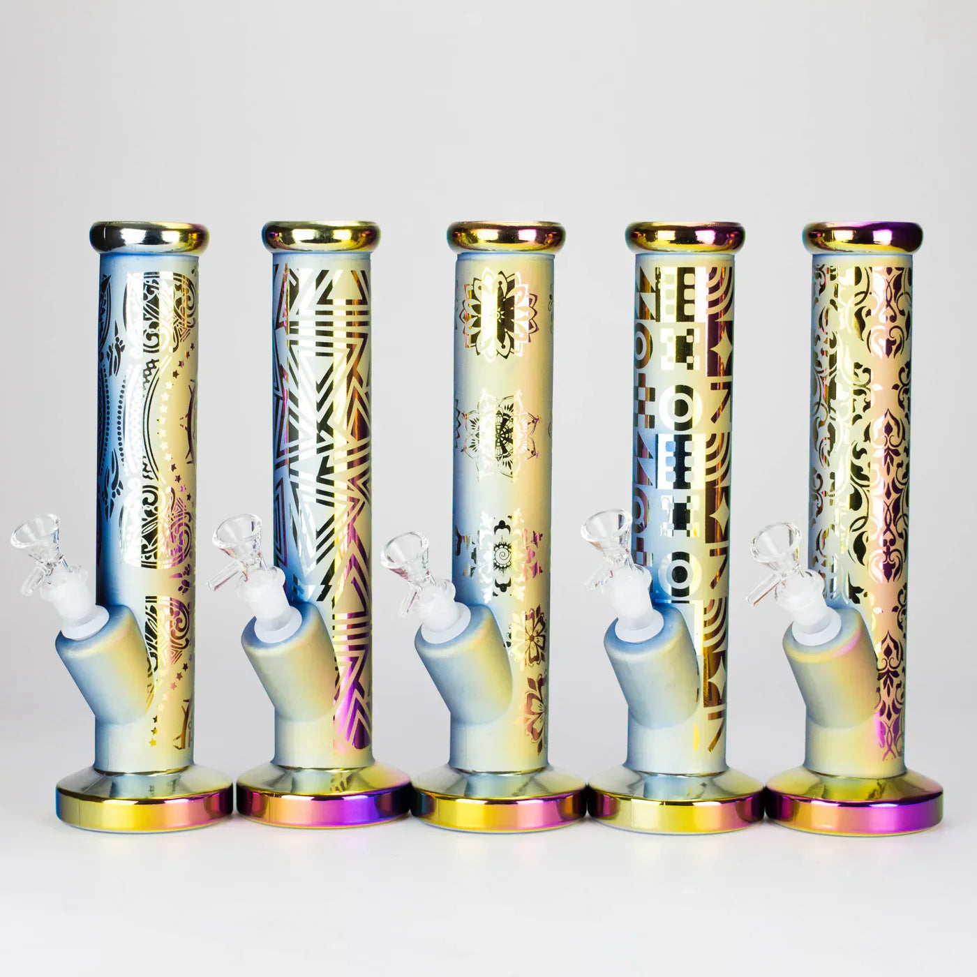 11" Straight Tube Electroplated Metaliic Finish w/ Intricate Patterns Glass Bong - Pattern 5