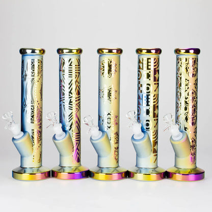 11" Straight Tube Electroplated Metaliic Finish w/ Intricate Patterns Glass Bong - Pattern 4