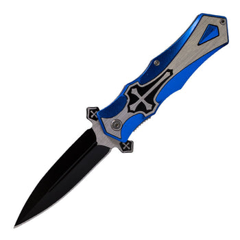 Perucci - 9" Iconic Metallic Blue Cross Foldable Pocket Knife