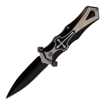 Perucci - 9" Iconic Metallic Black Cross Foldable Pocket Knife