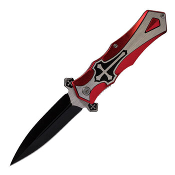 Perucci - 9" Iconic Metallic Red Cross Foldable Pocket Knife