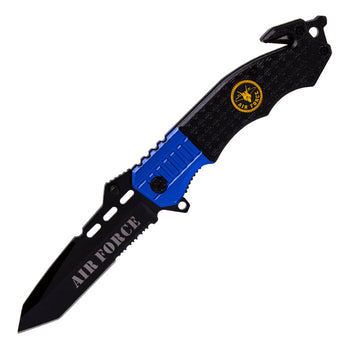 8" Black Foldable Pocket Knife w/ Engraved Geometrical Shapes