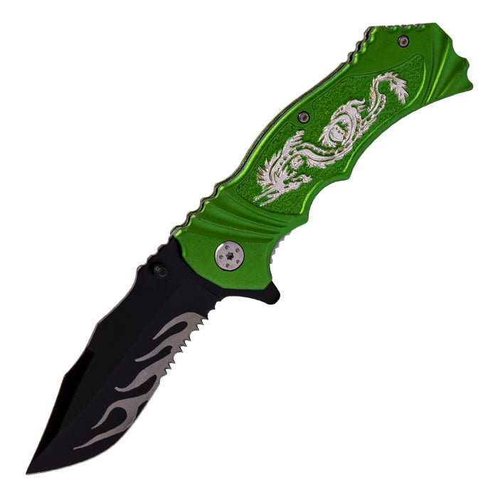 8" Green Dragon Print Foldable Pocket Knife