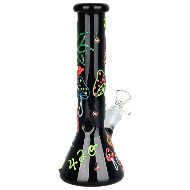 9.5" 420 Leaf and Shroom Glow In Dark Glass Beaker Water Pipe