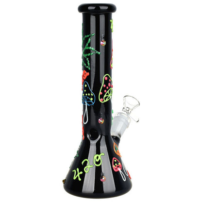 9.5" 420 Leaf and Shroom Glow In Dark Glass Beaker Water Pipe
