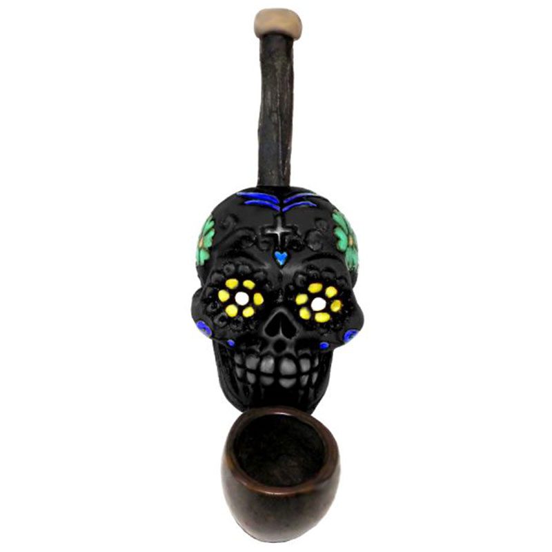 Sugar Skull Hand Crafted Mini Pipe - Black
