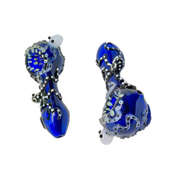 4" Blue Glass Hand Pipe with Black & White Octopus Design