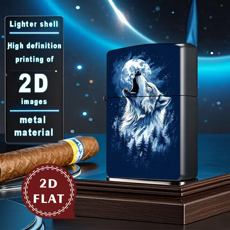 2D Flat Wolf Howling Retro Fashion Lighter Shell